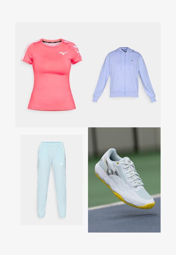 Světle fialová mikina na zip s předními kapsami, kapucí na šňůrku, žebrovanými manžetami a malým zeleným logem krokodýla na levé straně hrudi.; Růžový sportovní tričko vyrobené z hladkého, prodyšného materiálu. Má krátké rukávy, kulatý výstřih a bílé logo na hrudi a rukávech.; Světle modré sportovní kalhoty z hladkého materiálu, s elastickým pasem, zúženými nohavicemi a bílým logem na levém stehně.; Bílé sportovní boty s texturovaným síťovaným svrškem, žlutými akcenty na podrážce a aerodynamickým designem s černým logem.