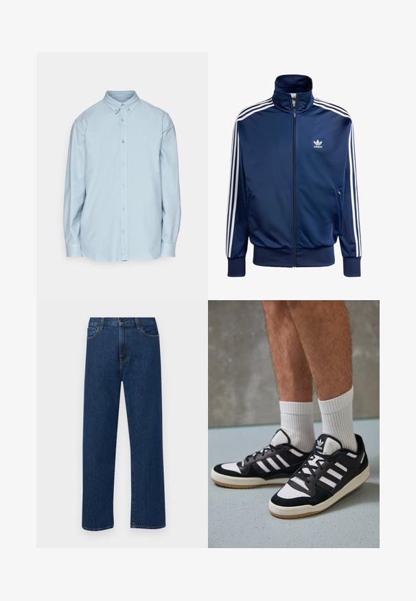 Námornícky modrá adidas športová bunda vyrobená z hladkej látky, s vysokým golierom, celoplošným zipsom a tromi bielymi pruhmi na každom rukáve.; Svetlo modrá košeľa na gombíky vyrobená z bavlny, s klasickým golierom, dlhými rukávmi a malým logom na hrudi. Mäkkučká textura.; Tmavomodré rovné rifľové nohavice s prednými vreckami a zapínaním na gombík, vystavené na jednoduchom bielom pozadí.; Čierno-biele tenisky s vrchom z semišu a kože, s troma bielymi pruhmi, perforovanou špičkou a gumovou podrážkou.