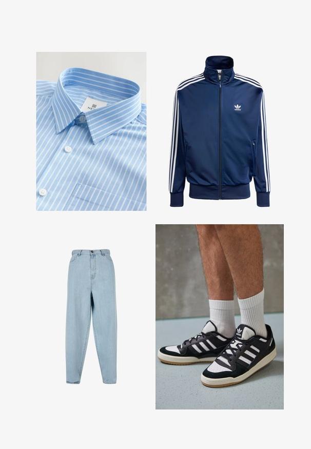 Jūras zila Adidas sporta jaka, kas izgatavota no gludas auduma, ar augstu apkakli, pilnu rāvējslēdzēju un trim baltām svītrām uz katras rokas.; Gaiši zila krekla ar baltiem vertikāliem svītrām, ar pogu priekšpusi, norādītu apkakli un vienu krūšu kabatu. Audums izskatās gluds.; Gaiši zili augsta jostasvieta džinsi ar brīvu piegriezumu. Iespējas ar priekšējo pogu, rāvējslēdzēju un piecu kabatu dizainu. Nedaudz izbalējusi auduma tekstūra.; Melnas un baltas kedas ar zamša un ādas augšdaļu, kas aprīkotas ar trim baltām svītrām, perforētu purngali un gumijas zolēm.