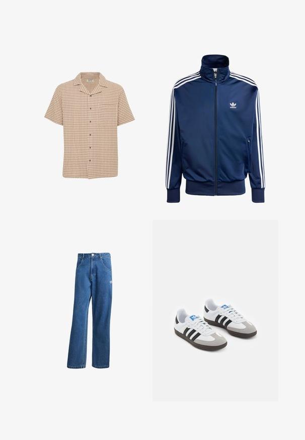 Veste de survêtement Adidas bleu marine en tissu lisse, avec un col haut, une fermeture éclair intégrale et trois bandes blanches sur chaque manche.; Chemise à manches courtes, boutonnée, avec un motif à carreaux marron et crème, poche poitrine, tissu doux et col ouvert.; Jean en denim bleu taille haute, jambes larges, avec poches avant, passants de ceinture, fermeture à bouton et petit logo Adidas sur la cuisse droite.; Baskets avec une tige en cuir blanc, un bout en daim gris et trois bandes noires. Présente un logo bleu sur la languette et une semelle en caoutchouc texturée.