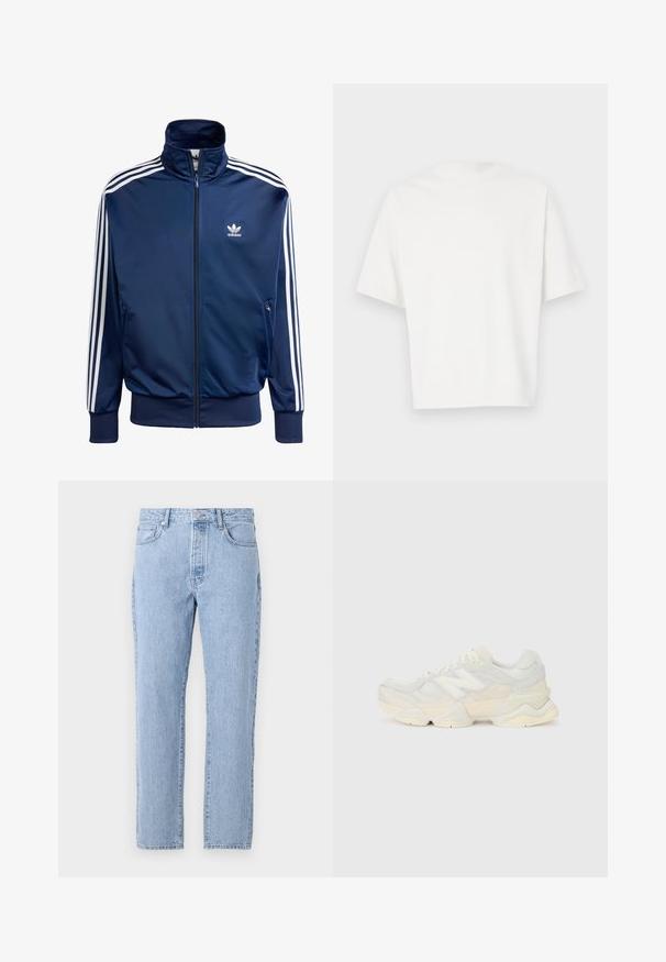 Jūras zila Adidas sporta jaka, kas izgatavota no gludas auduma, ar augstu apkakli, pilnu rāvējslēdzēju un trim baltām svītrām uz katras rokas.; Balts īsām piedurknēm T-krekls, kas izgatavots no mīkstas auduma. Apaļš kakla izgriezums, brīvs piegriezums un vienkāršs dizains bez rotājumiem vai rakstiem.; Gai zila džinsu bikses ar taisnu kāju dizainu, piecām kabatām un pogu aizdari. Mīksta tekstūra ar klasisku izsistumu.; Vieglas sporta apavus ar sieta un zamšādas augšdaļu maigos krēma tonī, ar masīvu zoli un trīsdimensionāliem akcentiem.