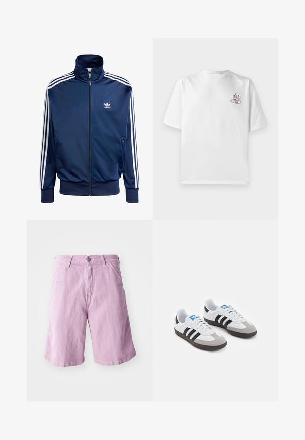 Marineblauwe Adidas trainingsjack van gladde stof, met een hoge kraag, volledige rits en drie witte strepen op elke mouw.; Witte katoenen t-shirt met korte mouwen, met een kleine roze en zwarte koffiecup graphic op de linker borstzijde.; Lichtpaarse denimshorts met een rechte snit, voorzien van een knoop- en ritsluiting, vijf-pocketontwerp en een subtiele textuur.; Sportschoenen met een witte leren bovenkant, grijze suède neus en drie zwarte strepen. Bevat een blauw logo op de tong en een gestructureerde rubberen zool.