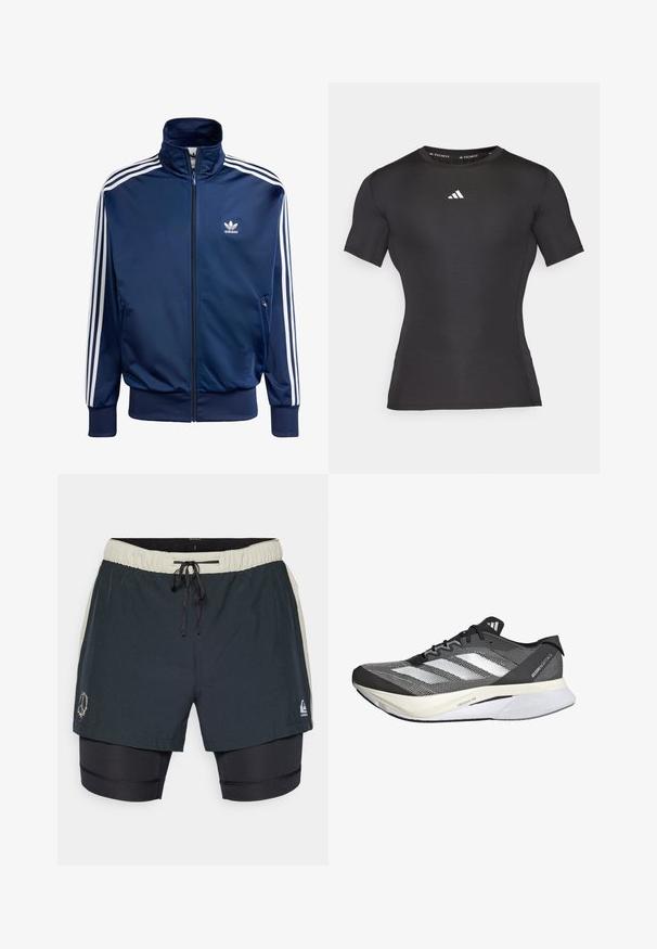 Dunkelblaues Adidas-Track-Jacke aus glattem Material, mit hohem Kragen, durchgehendem Reißverschluss und drei weißen Streifen an jedem Ärmel.; Schwarzes, kurzärmeliges Sportshirt aus glattem, dehnbarem Stoff. Verfügt über ein weißes Logo auf der Brust und ein tailliertes Design.; Schwarze Badeshorts mit einem elastischen Bund und Kordelzug, schichtweisem Design und seitlichen Akzenten in einer kontrastierenden hellen Farbe.; Schwarz-weißer Sportschuh mit einem Obermaterial aus Mesh, featuring drei weiße Streifen, einer markanten Sohle mit der Aufschrift "LIGHTSTRIKE PRO" und einem aerodynamischen Design.