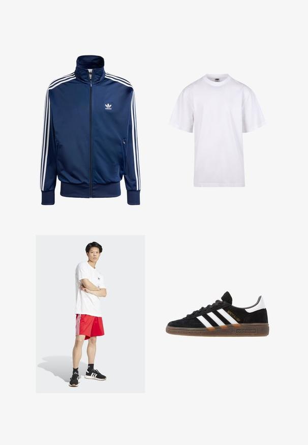 Námořnická modrá tréninková bunda Adidas, vyrobená z hladkého materiálu, s vysokým límcem, plným zipem a třemi bílými pruhy na každém rukávu.; Bílé bavlněné tričko s kulatým výstřihem, krátkými rukávy a volným střihem. Má jednoduchý design bez vzorů nebo akcentů.; Bílý bavlněný tričko, červené sportovní šortky s třemi bílými pruhy, černé tenisky s bílými akcenty, stojící se zkříženýma rukama.; Černé tenisky Adidas se bílými pruhy, zlatým textem "Spezial", gumovou podešví a bílou patní částí, zobrazené v bočním pohledu.
