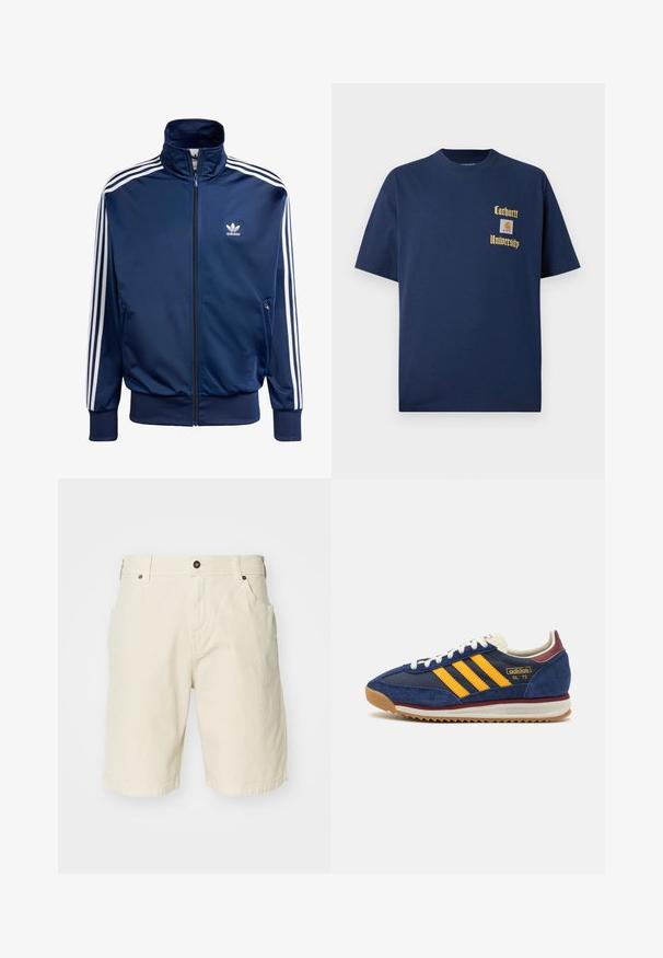 Sötétkék Adidas tréningdzseki sima anyagból, magas gallérral, teljes cipzárral és mindkét ujján három fehér csíkkal.; Sötétkék pamut póló rövid ujjal, arany színű "Carhartt University" felirattal és logóval a bal mellen.; Beige színű, egyenes fazonú pamut rövidnadrág, cipzáros nyílással, elülső zsebekkel és varrt szegéllyel. Sima textúra és letisztult dizájn.; Sötétkék velúr sportcipő sárga cscsíkokkal, fehér fűzőkkel és bordeaux vörös kiegészítőkkel. Texturált talp barázdákkal a tapadás érdekében. Márkajelzés az oldalon.