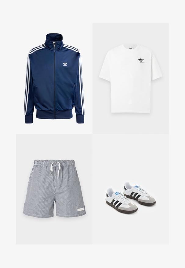Marineblauwe Adidas trainingsjack van gladde stof, met een hoge kraag, volledige rits en drie witte strepen op elke mouw.; Witte katoenen t-shirt met korte mouwen, voorzien van een zwart "BASKETBALL" logo en het iconische drie-streependesign aan de voorkant.; Gestreepte zwemboxers in marineblauw en wit. Gemaakt van lichtgewicht materiaal met een elastische tailleband, een trekkoordsluiting en zijzakken.; Sportschoenen met een witte leren bovenkant, grijze suède neus en drie zwarte strepen. Bevat een blauw logo op de tong en een gestructureerde rubberen zool.