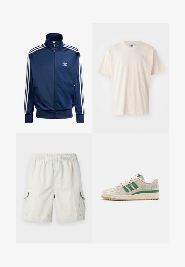 Navy blue Adidasin juoksutakki, joka on valmistettu sileästä kankaasta. Takissa on korkea kaulus, täysipitkä vetoketju ja kolme valkoista raitaa jokaisessa hihassa.; Kerman puuvillapaita, jossa on pyöreä kaula-aukko ja lyhyet hihat; rinnassa on pieni, vaaleanvärinen logo.; Vaaleanharmaat cargo-shortsit, joissa on joustava vyötärö, kahdella sivutaskulla ja huomaamaton logo vasemmassa taskussa.; Adidas-kengät, joissa on beige nahkapeite, vihreät raidat ja kumipohja. Varustettu pehmustetulla kauluksella ja rei'itetyllä varpaalla hengittävyyden lisäämiseksi.