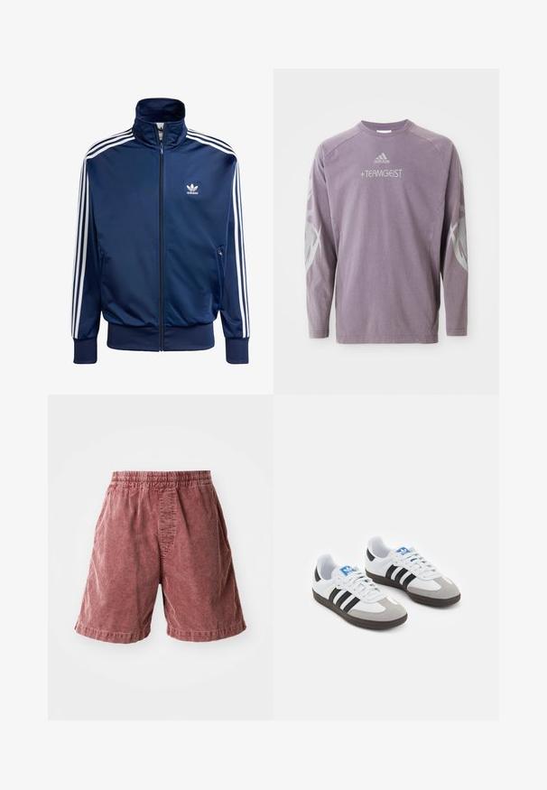 Jūras zila Adidas sporta jaka, kas izgatavota no gludas auduma, ar augstu apkakli, pilnu rāvējslēdzēju un trim baltām svītrām uz katras rokas.; Ilgi piedurkņu purpura džemperis, izgatavots no kokvilnas, ar apaļu kakla izgriezumu, "TEAMGEIST" drukājumu un abstraktām pelēkām grafikām uz piedurknēm. Klāt ir Adidas logo.; Rūsgani kokvilnas šorti ar elastīgu jostu, ar teksturētu virsmu un sānu kabatām, beidzas tieši virs ceļgala.; Sporta apavi ar balto ādas virsu, pelēku zamšādas purngalu un trim melnām svītrām. Iezīmē zilu logotipu uz mēles un teksturētu gumijas zoli.