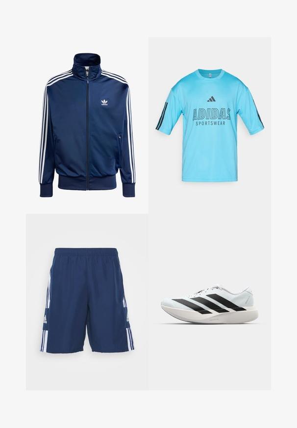 Marineblauwe Adidas trainingsjack van gladde stof, met een hoge kraag, volledige rits en drie witte strepen op elke mouw.; Lichtblauw Adidas sportshirt gemaakt van meshstof. Beschikt over korte mouwen, een geribbelde ronde hals en zwart logo en tekst op de voorkant.; adidas Performance SQUADRA 21 DT SHORT - Korte broeken - team navy blue/white; Lichte hardloopschoenen in lichtblauw met zwarte strepen. Beschikt over een soepele bovenkant, ronde neusstuk en dikke witte tussenzool met het label "LIGHTSTRIKE PRO."