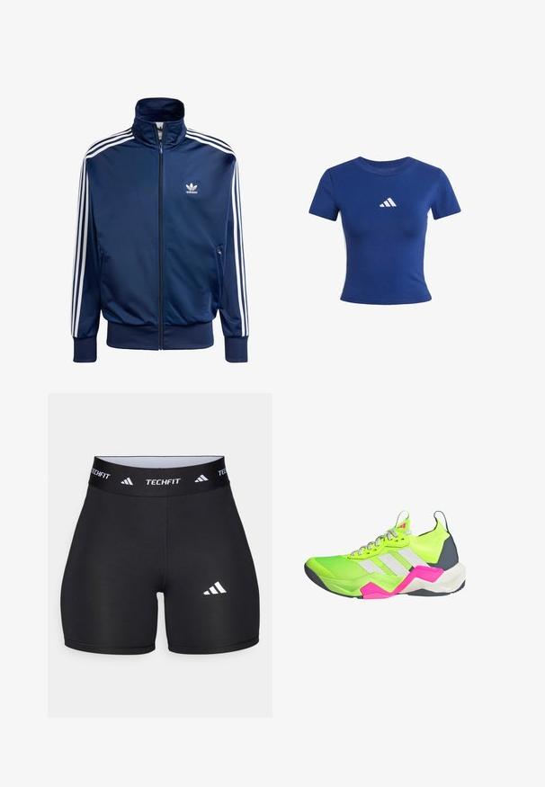 Tamno plava Adidas trenirka od glatke tkanine, s visokim ovratnikom, punim patentnim zatvaračem i tri bijele pruge na svakoj rukavu.; Plava pamučna majica s kratkim rukavima, na kojoj se nalazi bijeli Adidas logo na prsima i kontrastni bijeli bočni paneli.; Crne kratke hlače izrađene od rastezljive tkanine s prilagođenim dizajnom. Imaju široki crni pojas sa oznakom "TECHFIT" i bijeli logo na nozi.; Neon zelena sportska cipela s sivim detaljima, tri bijele pruge i ružičastim naglascima. Ima strukturiranu gornjište i podstavljeni đon.