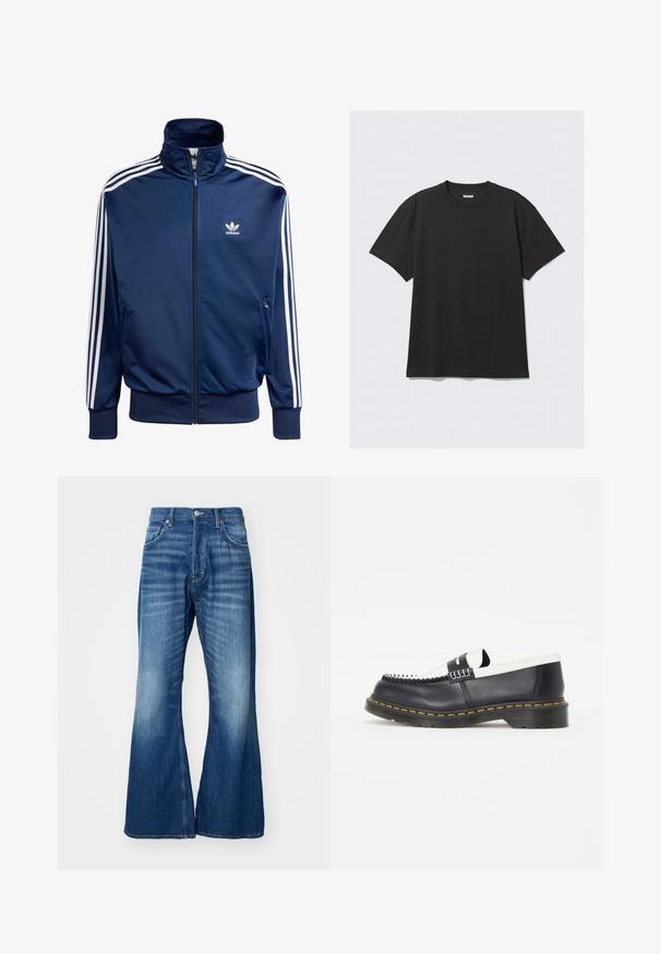 Námornícky modrá adidas športová bunda vyrobená z hladkej látky, s vysokým golierom, celoplošným zipsom a tromi bielymi pruhmi na každom rukáve.; Čierne tričko s krátkym rukávom vyrobené z bavlny. Má okrúhly výstrih a voľný strih. Jednoduchý dizajn bez vzorov alebo akcentov.; Weekday TIME LOOSE - Džínsy s rovným strihom - mine blue; Čierna kožená nazúvacia obuv s bielym koženým akcentom. Obsahuje dekoratívne prešitie a gumovú podrážku s žltým lemovaním. Zaoblený dizajn špičky.