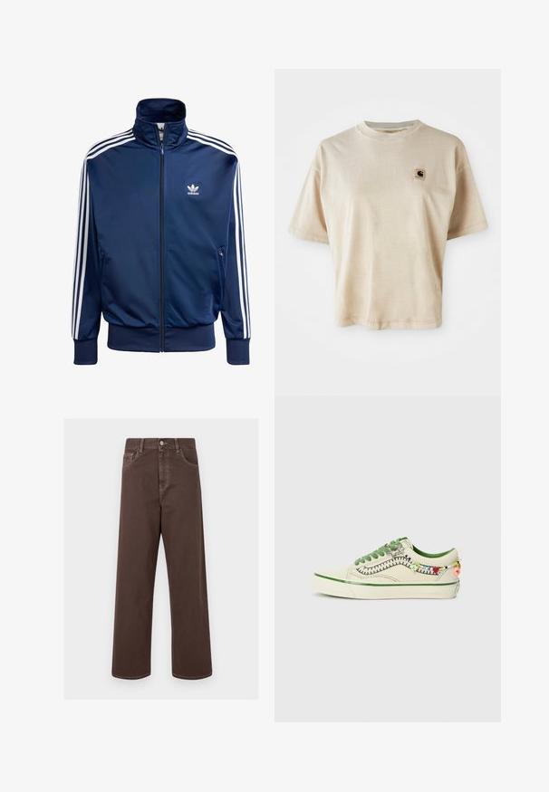 Veste de survêtement Adidas bleu marine en tissu lisse, avec un col haut, une fermeture éclair intégrale et trois bandes blanches sur chaque manche.; T-shirt en coton beige avec une coupe décontractée, un col ras du cou, des manches courtes et une petite étiquette carrée avec logo sur la zone gauche de la poitrine.; Pantalons en denim marron à jambes larges avec des coutures contrastées, cinq poches et un bouton métallique. Texture lisse, coupe droite.; Vans OLD SKOOL COCONA - Baskets basses - cream