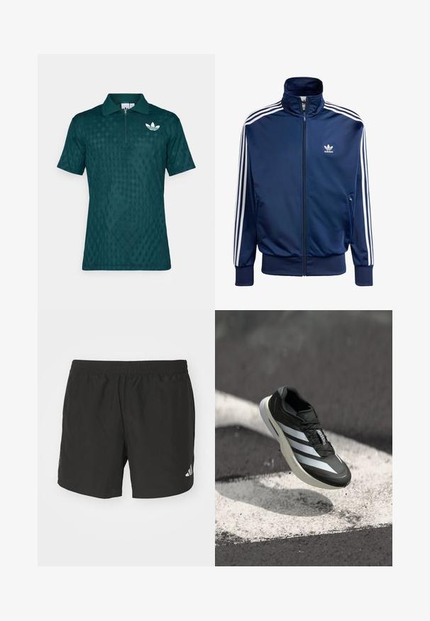 Tamsiai mėlynas Adidas treniruočių švarkas, pagamintas iš lygaus audinio, su aukštu apykakle, pilnu užtrauktuku ir trimis baltais šalmais kiekvienoje rankovėje.; Tamsiai žalia polo marškiniai su užtrauktuku ant apykaklės, su rombų raštu ir baltu logotipo akcentu kairėje krūtinės pusėje. Trumpomis rankovėmis.; Juodi sportiniai šortai su elastinga juosmena, šoninėmis plyšiais ir atspindinčiais logotipais. Pagaminti iš lengvos, lygaus audinio.; Juodų sportinių batelių dizainas su trimis baltais dryžiais, tekstūruota viršūne, elegantiška išvaizda ir išlenktu padu, padėtas virš baltos linijos ant asfalto.