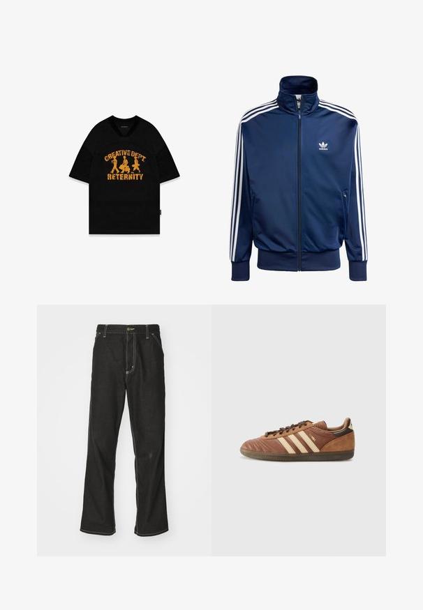 Námornícky modrá adidas športová bunda vyrobená z hladkej látky, s vysokým golierom, celoplošným zipsom a tromi bielymi pruhmi na každom rukáve.; Čierne tričko s krátkym rukávom s nápisom "CREATIVE DEPT RETERNITY" v poškrabanom žltom písmene a tromi postavami, navrhnuté s textúrou sieťoviny.; Čierne denimové nohavice s voľným strihom, s kontrastným bielym prešívaním, uzáverom na gombík a rovnými nohavicami.; adidas Originals SAMBA UNISEX - Tenisky - preloved brown/sand strata/dark brown
