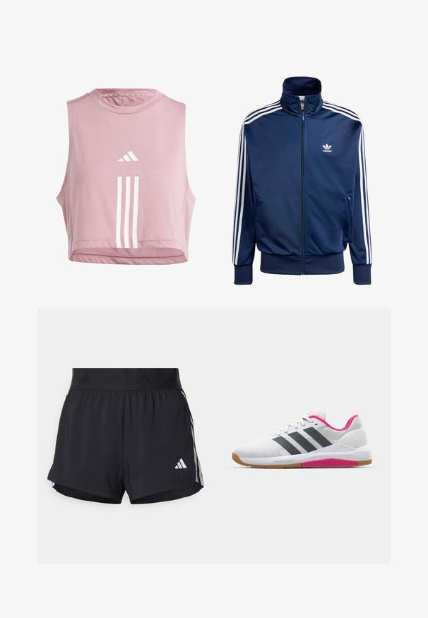 Jūras zila Adidas sporta jaka, kas izgatavota no gludas auduma, ar augstu apkakli, pilnu rāvējslēdzēju un trim baltām svītrām uz katras rokas.; adidas Performance TRAIN ESSENTIALS TRAIN 3-STRIPES - Tops - orchid/white; Melni sporta šorti ar elastīgu jostu, ar teksturētu joslu, sānu svītrām un baltu Adidas logo apakšējā malu.; Baltas sporta apavi ar pelēkām svītrām, sietveida augšdaļa, rozā akcenti apkaklē un zole, kā arī gumijas zole. Ergonomisks dizains.