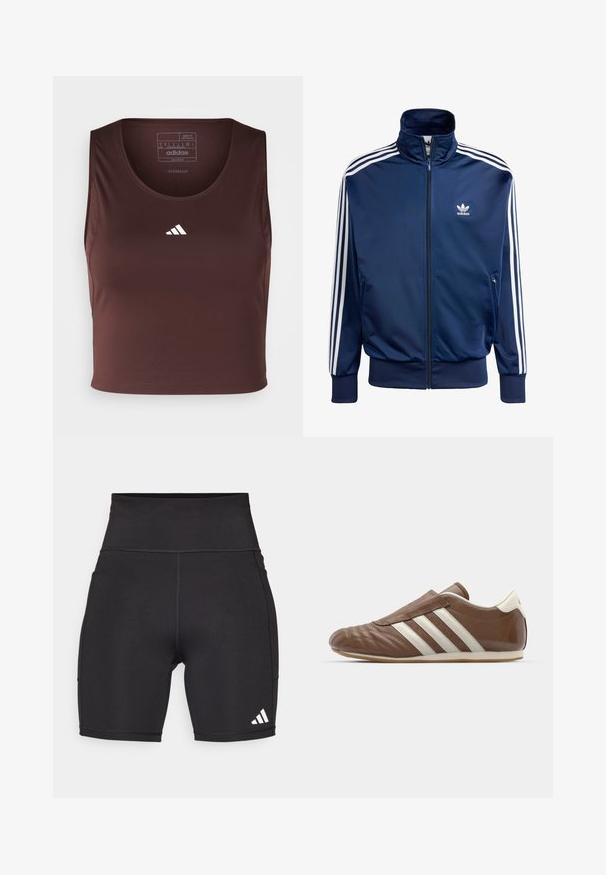 Námornícky modrá adidas športová bunda vyrobená z hladkej látky, s vysokým golierom, celoplošným zipsom a tromi bielymi pruhmi na každom rukáve.; adidas Performance TECHFIT CROPPED - Top - shadow brown; Čierne športové šortky z elastického materiálu. Vysoký pás, dĺžka do polovice stehna, s bielym logom troch pruhov na dolnej ľavej strane.; adidas Originals TAEKWONDO - Našuchovačky - preloved brown/off white