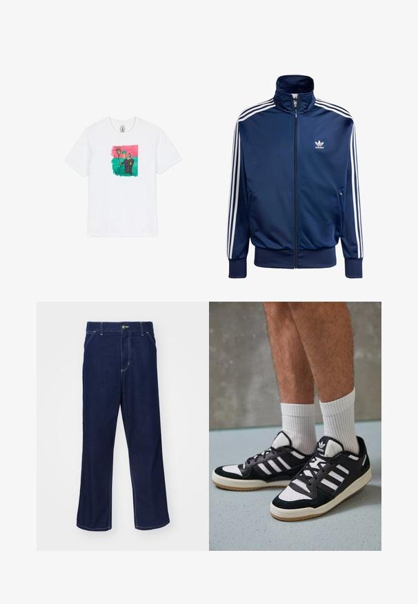 Tume sinine Adidas spordijakk, mis on valmistatud siledast kangast, kõrge kaelusega, täispikk zip-sulguriga ja igal varrukal on kolm valget triipu.; Valge puuvillane T-särk, millel on värvikas abstraktne joonistus päikesest ja figuurist rohelisel taustal, roosa raamiga. Lühikesed varrukad.; Tumed sinine denim püksid sirge jala disainiga, kus on heledad õmblused ja esiküljel nööbiga kinnitamine. Sile tekstuur.; Mustvalged ja valged spordijalatsid, mille pealmine osa on valmistatud suede'ist ja nahast. Kingadel on kolm valget riba, auguline varvas ja kummist tald.