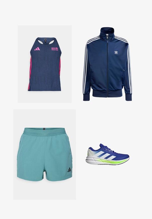 Marineblauwe Adidas trainingsjack van gladde stof, met een hoge kraag, volledige rits en drie witte strepen op elke mouw.; adidas Performance BER25 SINGLET - Top - collegiate navy; Tegensport shorts in teal met een gestructureerde tailleband, zijzakken en een zwart Adidas-logo aan de rechteronderkant. Lichte stof.; Blauwe sportschoen met witte accenten, bovenkant van gaas en een gevoerde zool benadrukt door een neon groene streep. Kenmerkt zich door een gebogen ontwerp.