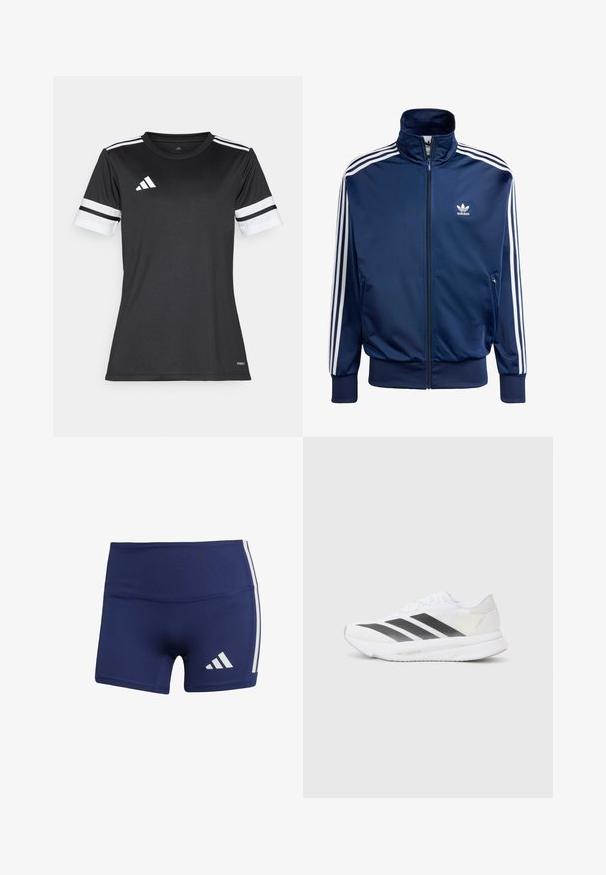 Granatowa kurtka Adidas z materiału gładkiego, z wysokim kołnierzem, pełnym zamkiem i trzema białymi paskami na każdym rękawie.; Czarna koszulka sportowa z białymi akcentami i trzema poziomymi paskami na rękawach. Wykonana z materiału odprowadzającego wilgoć, zaprojektowana do użytku sportowego.; Granatowe szorty sportowe o obcisłym kroju, wykonane z gładkiego materiału, z białymi pasami po bokach i logo w dolnej lewej części.; Białe buty sportowe z czarnymi przekątnymi paskami, siateczkowa cholewka, zaokrąglony nos oraz teksturowana podeszwa. Akcenty obejmują srebrny obcas i minimalistyczny design.