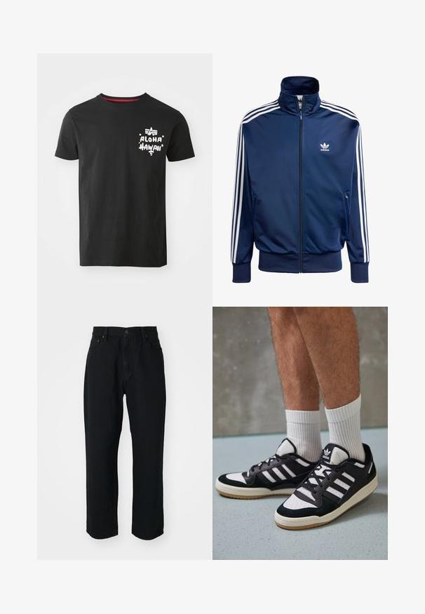 Ναυτικό μπλε αντιανεμικό σακάκι Adidas φτιαγμένο από απαλό ύφασμα, με ψηλό γιακά, πλήρη φερμουάρ και τρεις λευκές ρίγες σε κάθε μανίκι.; Μαύρη βαμβακερή μπλούζα με κοντό μανίκι, με λευκό γραφικό σχέδιο που περιέχει το κείμενο "Aloha Hawaii" στο αριστερό σημείο του στήθους. Στρογγυλή λαιμόκοψη.; Μαύρα τζιν παντελόνια με ίσια γραμμή, ελαφριά υφή, σχέδιο πέντε τσεπών και κουμπί στη μέση.; Μαύρα και λευκά αθλητικά παπούτσια με άνω μέρος από σουέτ και δέρμα, featuring τρεις λευκές ρίγες, περατά δάχτυλα και σόλα από καουτσούκ τύπου γκαστ.