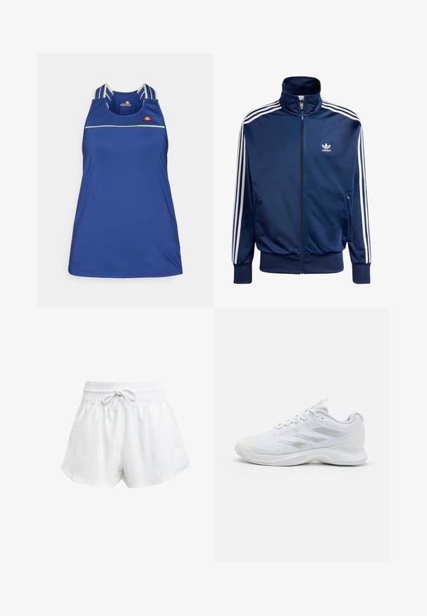 Dunkelblaues Adidas-Track-Jacke aus glattem Material, mit hohem Kragen, durchgehendem Reißverschluss und drei weißen Streifen an jedem Ärmel.; Blaues ärmelloses Sportoberteil aus glattem Material, mit dünnen weißen horizontalen Streifen und einem mehrfarbigen Logo auf der Brust.; Weiße Sportschorts mit elastischem Bund und einstellbarem Kordelzug. Hergestellt aus leichtem Material, mit seitlichen Taschen und lockerer Passform.; Weißer Sportschuh aus Mesh-Obermaterial, mit drei strukturierten Streifen an der Seite, Schnürverschluss und gepolsterter Sohle für Sport oder Freizeit.