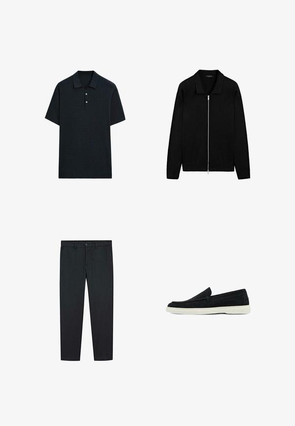 Černý dlouhý rukáv svetr na zip s límečkem, žebrovanými manžetami a lemem, položený na bílém pozadí.; Tmavě modré polo tričko s krátkým rukávem z texturované pleteniny, s límečkem a léga na tři knoflíky, se rovnými okraji.; Černé kalhoty se rovnými nohavicemi, vyrobené z hladké látky. Mají dvě přední kapsy a zapínání na knoflík v pase.; Černé semišové slip-on boty s nízkým profilem a bílými gumovými podrážkami. Mají kulatou špičku a jemné švy.
