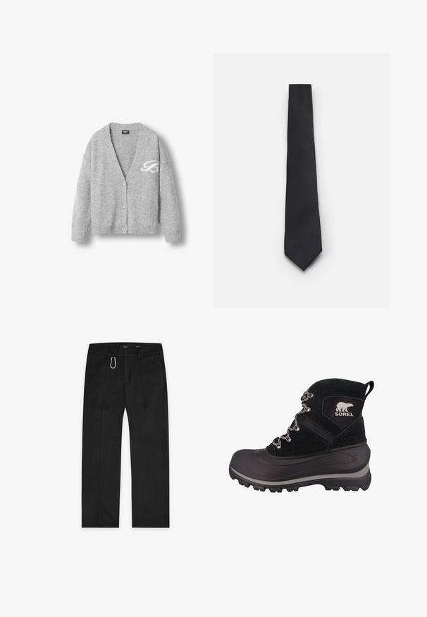 Gray wool cardigan featuring a V-neck, long sleeves, five buttons, and a white logo on the left side. Soft texture, relaxed fit.; White long-sleeve shirts in a pack of two, featuring button-up fronts, collar, and cuffs, made from a smooth fabric with no patterns.; Black trousers made from woven fabric, featuring a straight-leg design, two side pockets, a front zipper, and an exterior loop detail.; Black winter boot with a textured suede upper, rubber sole, metallic hardware, and logo detail. Features a high shaft and sturdy lacing system.; Narrow black tie with a textured, diagonal ribbed pattern. Features a pointed tip and a smooth finish. Suitable for formal wear.