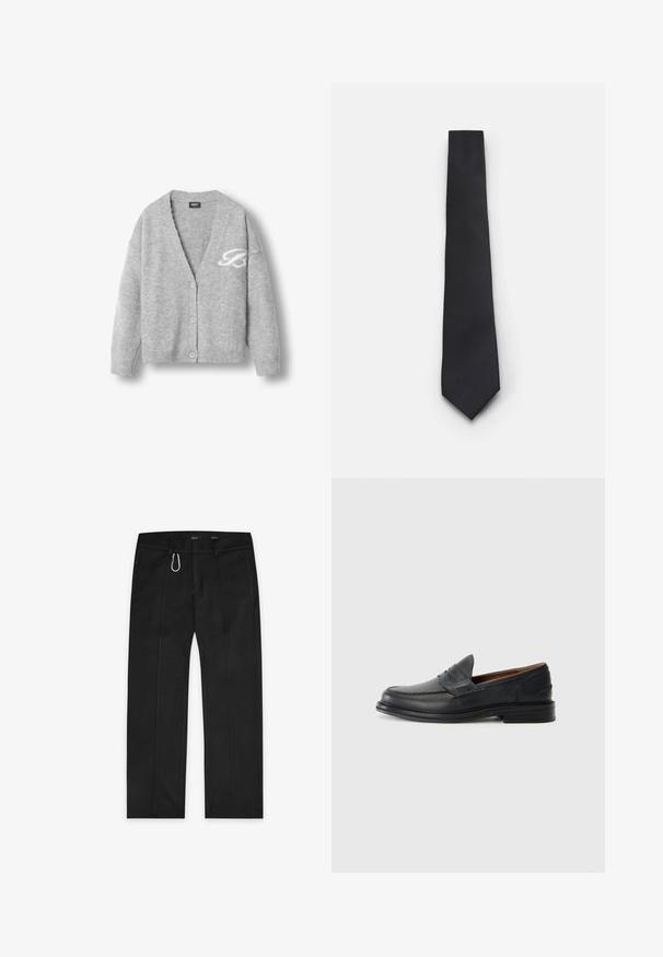 Gray wool cardigan featuring a V-neck, long sleeves, five buttons, and a white logo on the left side. Soft texture, relaxed fit.; White long-sleeve shirts in a pack of two, featuring button-up fronts, collar, and cuffs, made from a smooth fabric with no patterns.; Black trousers made from woven fabric, featuring a straight-leg design, two side pockets, a front zipper, and an exterior loop detail.; Black leather loafers with a stitched design, rounded toe, low stacked heel, and slip-on style. Smooth texture with slight shine.; Narrow black tie with a textured, diagonal ribbed pattern. Features a pointed tip and a smooth finish. Suitable for formal wear.