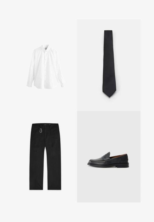 Szary wełniany kardigan z dekoltem w kształcie litery V, długimi rękawami, pięcioma guzikami oraz białym logo po lewej stronie. Miękka tekstura, luźny krój.; Biała koszula z długim rękawem z guzikiem, z klasycznym kołnierzykiem, wykonana z gładkiego materiału. Ma przód zapinany na guziki oraz zaokrąglony dół z mankietami zapinanymi na guziki.; Czarne spodnie wykonane z tkanej tkaniny, z prostym krojem nogawki, dwiema bocznymi kieszeniami, zamkiem błyskawicznym z przodu oraz zewnętrznym detalem w postaci pętli.; Czarne skórzane mokasyny z haftem, okrągłym noskiem, niskim piętem na stoku i stylem wsuwanym. Gładka tekstura z delikatnym połyskiem.; Wąski czarny krawat z teksturowanym, ukośnym prążkowanym wzorem. Posiada spiczasty koniec i gładkie wykończenie. Odpowiedni na eleganckie okazje.