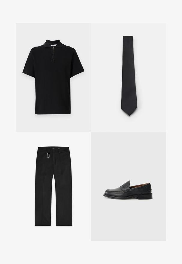 Siv kardigan iz volne z V-izrezom, dolgimi rokavi, petimi gumbi in belim logotipom na levi strani. Mehka tekstura, sproščen kroj.; Črna kratka polo majica z mehkega materiala, z zadrgo na ovratniku in čisto, minimalistično zasnovo brez dodatnih vzorcev.; Bela srajca z dolgimi rokavi v paketu po dveh, s sprednjim zapenjanjem na gumbe, ovratnikom in manšetam, izdelana iz gladkega blaga brez vzorcev.; Črne hlače narejene iz tkane tkanine, z ravnim krojem, dvema stranskima žepoma, prednjim zadrgo in zunanjim obročnim detajlom.; Črne usnjene loafer čevlje z všitjem vzorcem, okroglo konico, nizko zloženo peto in zasnovo za enostavno obuvanje. Gladka tekstura s subtilnim sijajem.; Ozeka črna kravata z teksturiranim, diagonalnim žlebastim vzorcem. Ima koničast konec in gladko površino. Primerna za formalno nošenje.