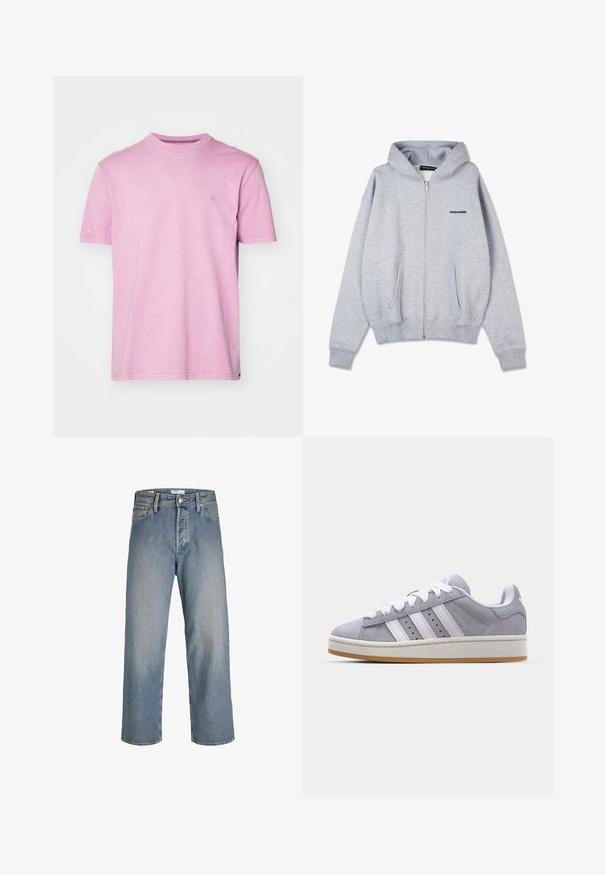 Gray zip-up hoodie made of soft, looped fabric. Features a kangaroo pocket and ribbed cuffs. Front has a small black logo on the left chest.; Light pink short-sleeve t-shirt made of soft fabric, featuring a crew neckline and a small logo on the chest. Regular fit.; Light blue denim jeans with a loose fit, high waist, and straight legs. Features front pockets and a metal button closure.; Gray suede sneakers with white stripes, round toe, and rubber sole. Features perforations on the side and textured heel tab.