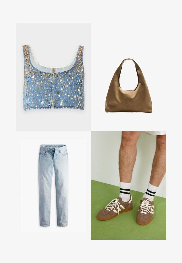 Haut à capuche noir court avec fermeture éclair à l'avant, grande capuche et poche avant. Fabriqué en tissu doux et texturé avec des poignets côtelés. Design simple.; FRAME THE CHAMPAGNE - Débardeur - gold coloured; Jean en denim bleu clair avec une coupe droite, deux poches avant et deux poches arrière. Comprend une braguette à deux boutons et une couture subtile.; Baskets en daim marron avec des accents et des lacets blancs. Semelle en caoutchouc gomme. Portées avec des chaussettes blanches à rayures noires. Sol texturé vert.; Sac à épaule en tissu marron avec un corps large et arrondi et une grande poignée découpée. Texture douce, design minimaliste et aucun matériel visible.