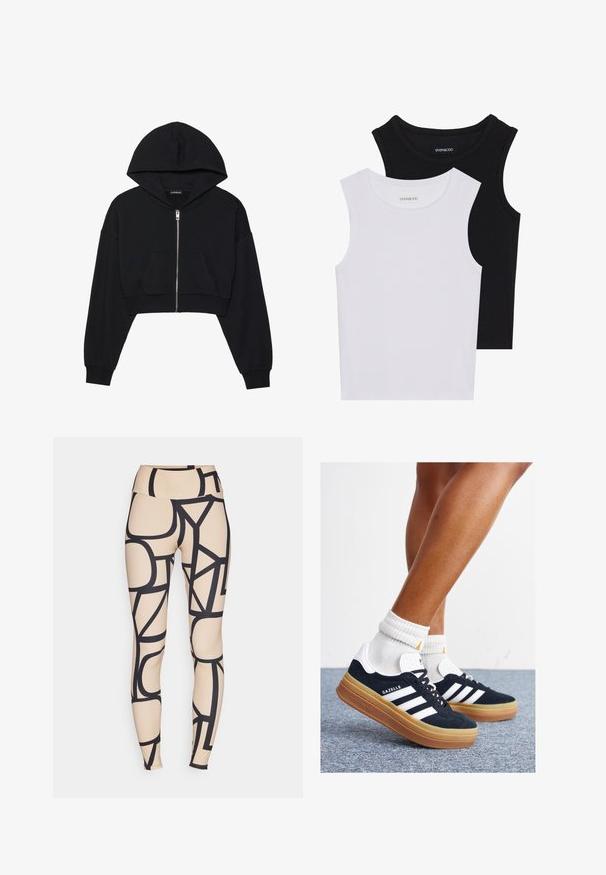 Hoodie corto negro con cremallera frontal, capucha grande y bolsillo delantero. Fabricado con un suave tejido texturizado y puños acanalados. Diseño simple.; Dos camisetas sin mangas en negro y blanco, hechas de algodón acanalado, con escote redondo y un diseño ajustado. Etiquetas visibles en ambas.; Leggings beige con patrones geométricos negros. Diseño de cintura alta con una textura suave y tela elástica. Silueta ajustada.; Zapatillas deportivas de gamuza negra con rayas y detalles blancos, puntera redondeada, suela de goma color caramelo, combinadas con calcetines blancos acanalados a la altura del tobillo.