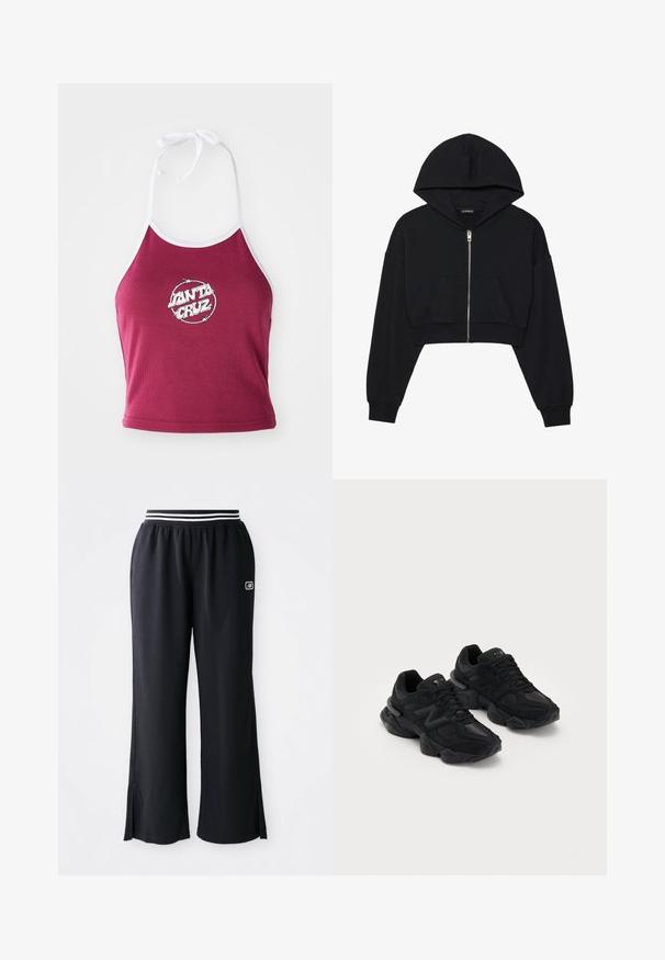 Musthave musta lühendatud kapuutsiga sviiter, millel on ziluktav ees, suur kapuuts ja eesmine tasku. Valmistatud pehmest, tekstureeritud kangast ribadega mansettidega. Lihtne disain.; Bordoo halter-suurusega crop top valge äärega, millel on ümmargune logo "Santa Cruz" valge tekstiga, valmistatud ribakudumisest puuvillamaterjalist.; Mustad sportpüksid laia sääre disainiga, elastse vöökoha, kus on mustad ja valged triibud, ning külgslõikega all ääres.; Mustad mustrehilised jalatsid mustas värvitoonis, millel on tekstuuriga pealmine pind, esikohal asuva silmapaistva "N" logo, pehmendustega tald ja voolav, modernne siluett.