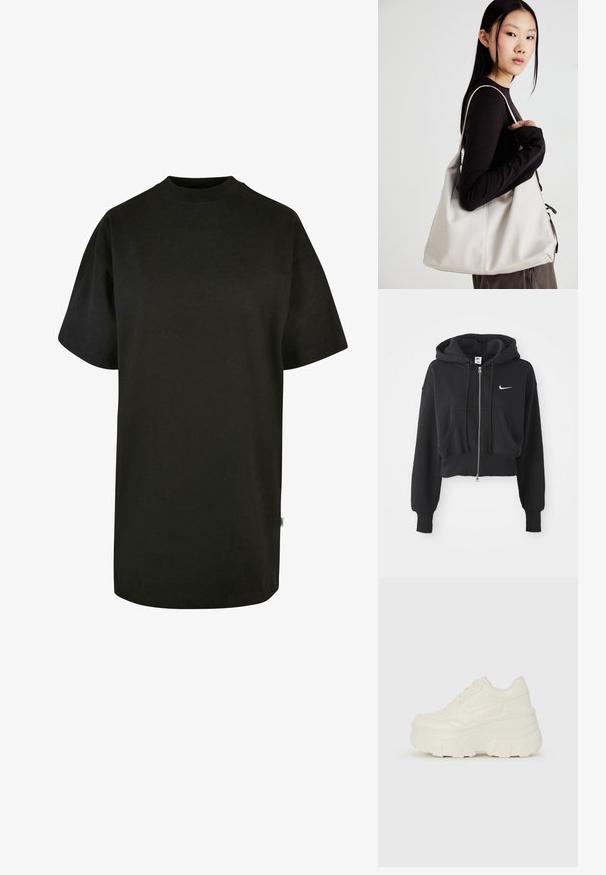 Fekete, rövidített kapucnis pulóver pamut keverékből, elöl zipzárral, két zsebbel, húzózsinóros kapucnival és fehér Nike logóval a mellrészen.; Fekete pamut póló kerek nyakkivágással és rövid ujjakkal. Laza fazon, egyszínű kialakítás, látható minták vagy kiegészítők nélkül.; Fehér platform sportcipők, sima bőrszerű felsőrésszel, kerek formával, párnázott bokával és texturált gumitalppal, jól definiált mintázattal.; Puha anyagból készült bézs kézitáska, laza dizájnnal, varrott részletekkel és két vállpánttal. Mindennapi használatra alkalmas.