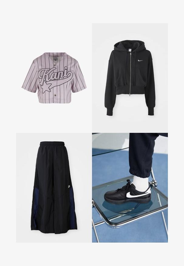 Zkrácená černá mikina z bavlněné směsi, s předním zipem, dvěma kapsami, kapucí na šňůrku a bílým logem Nike na hrudi.; Zkrácená růžová baseballová dres s černými pruhy, velký nápis "Kani" a grafika hvězdy. Má krátké rukávy a zapínání na patentky.; Černé kalhoty širokého střihu vyrobené z lehkého materiálu, s námořnickou modrou bočním panelem a elastickým pasem. Malé bílé logo na spodní části.; Černé tenisky Nike s bílými akcenty, s hladkou koženou texturou, šněrovacím designem a zaoblenou špičkou, umístěné na skleněné židli.