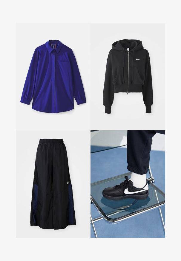 Cropped black hoodie made of cotton blend, featuring a front zip, two pockets, drawstring hood, and a Nike logo in white on the chest.; Long-sleeve, royal blue shirt with a classic collar, single chest pocket, and elasticated cuffs, made of lightweight fabric.; Black wide-leg pants made of lightweight fabric, featuring a navy blue side panel and an elastic waistband. Small white logo on bottom.; Black Nike sneakers with white accents, featuring a smooth leather texture, lace-up design, and rounded toe, positioned on a glass chair.