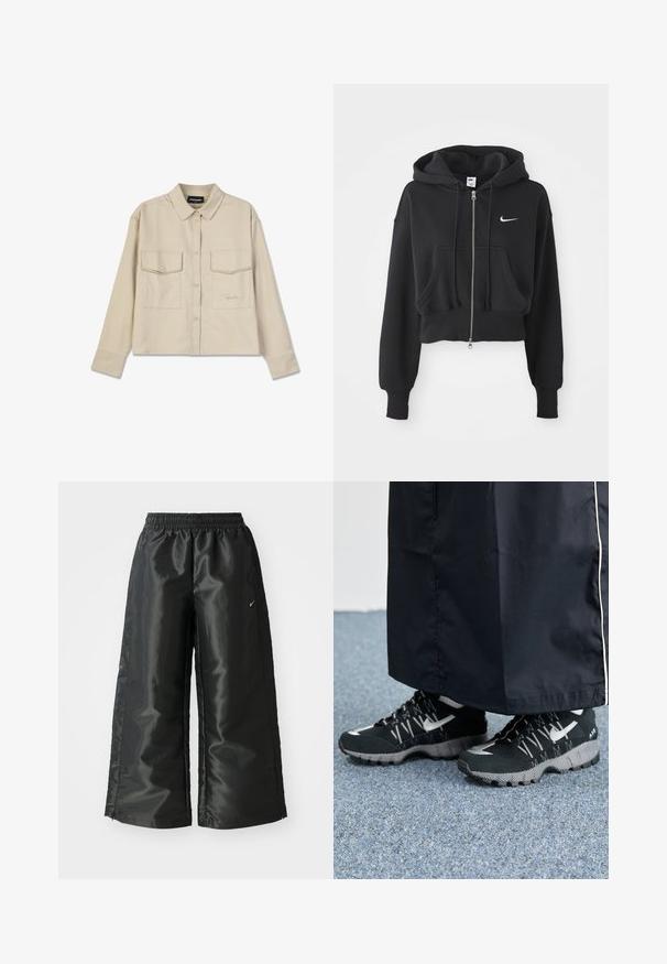 Gekürzter schwarzer Hoodie aus Baumwollmischung, mit einem Frontreißverschluss, zwei Taschen, Kapuze mit Kordelzug und einem weißen Nike-Logo auf der Brust.; Beige Button-Up-Hemd mit Kragen, langen Ärmeln und zwei Brusttaschen. Verfügt über ein gesticktes Logo und eine glatte, weiche Textur.; Schwarze Sporthose aus glänzendem, glattem Stoff, mit einem elastischen Bund, weitem Bein und einem kleinen Logo auf der linken Seite.; Schwarze Sportschuhe mit einer strukturierten Oberseite, silbernen Akzenten und einer gemusterten Außensohle, kombiniert mit einem schwarzen langen Kleidungsstück. Auf einem blauen Teppich drapiert.
