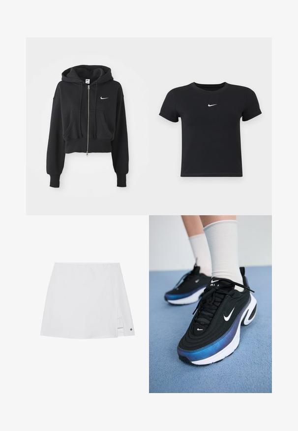 Izgriezts melns kapuci krekls, izgatavots no kokvilnas maisījuma, ar priekšējo rāvējslēdzēju, divām kabatām, kapuces stringu un Nike logo baltā krāsā uz krūtīm.; Melns īsām piedurknēm T-krekls no kokvilnas ar apaļu kakla izgriezumu. Ar balto Nike logotipu uz krūtīm, minimālisma dizains un pieguļošs siluets.; Balta sporta svārki ar sānu šķēlumu, gluda auduma tekstūra un mazs melns logo accents tuvumā apakšai.; Melnie Nike sporta apavi ar gludu auduma virsmu, argradienta zilu uz melnu dizainu, balta zole un izteiksmīgi logotipa akcenti.