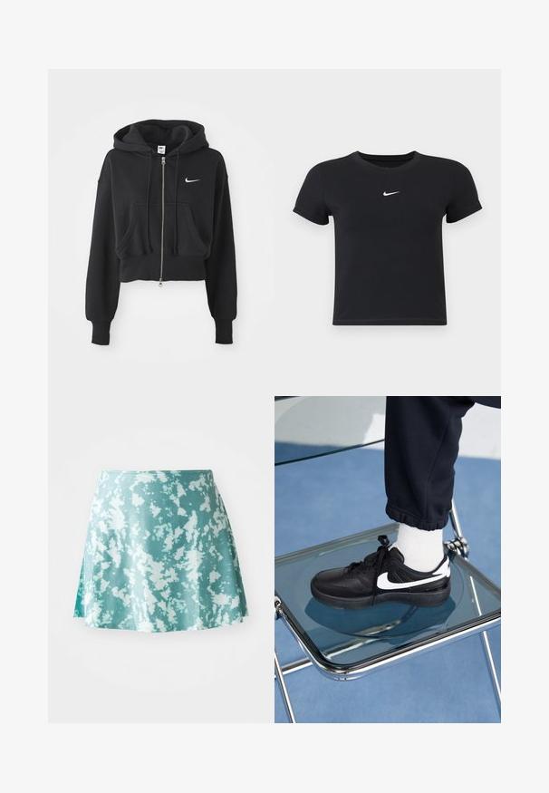 Przycięta czarna bluza z kapturem wykonana z mieszanki bawełny, z przednim zamkiem, dwoma kieszeniami, kapturem ze sznurkiem oraz białym logo Nike na piersi.; Czarny krótki rękaw t-shirt wykonany z bawełny, z okrągłym dekoltem. Posiada białe logo Nike na piersi, minimalistyczny wzór oraz dopasowany krój.; Jasnozielona spódnica w stylu skater z białym wzorem w plamy, wykonana z lekkiego materiału. Posiada lekko rozszerzany krój i rozporek po boku.; Czarne sneakersy Nike z białymi akcentami, charakteryzujące się gładką skórzaną teksturą, zawiązywaną konstrukcją i zaokrąglonym noskiem, umieszczone na szklanym krześle.
