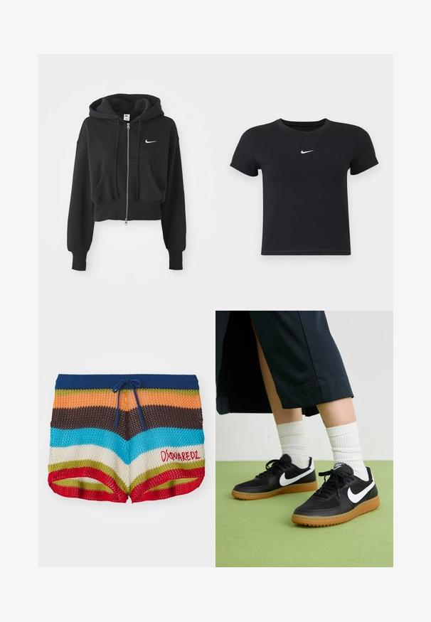 Cropped black hoodie made of cotton blend, featuring a front zip, two pockets, drawstring hood, and a Nike logo in white on the chest.; Black short-sleeve t-shirt made of cotton with a round neckline. Features a white Nike logo on the chest, minimalistic design, and fitted shape.; Knit shorts with horizontal stripes in blue, orange, brown, turquoise, cream, green, and red, featuring a navy drawstring and red "Dsquared2" logo.; Black leather and synthetic sneakers with white Nike swoosh, rubber gum sole, round toe, and black laces. Ribbed white socks visible.