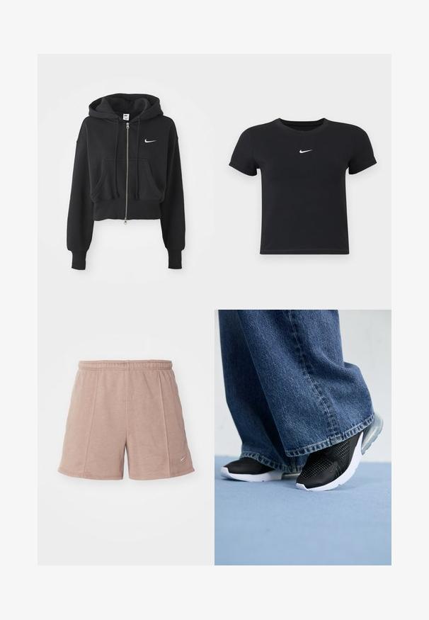 Fekete, rövidített kapucnis pulóver pamut keverékből, elöl zipzárral, két zsebbel, húzózsinóros kapucnival és fehér Nike logóval a mellrészen.; Fekete, rövid ujjú póló, pamutból készült, kerek nyakkivágással. A mellkasán fehér Nike logó található, minimális dizájnnal és testhez simuló formával.; Pale pink sportnadrág puha anyagból, rugalmas derékpánttal. Oldalsó varrásokkal és egy kis logóval a jobb alsó oldalon.; Fekete sportcipők hálós részletezéssel, fehér talppal és látható légpárnázással, kék farmer széles szárú nadrággal párosítva.