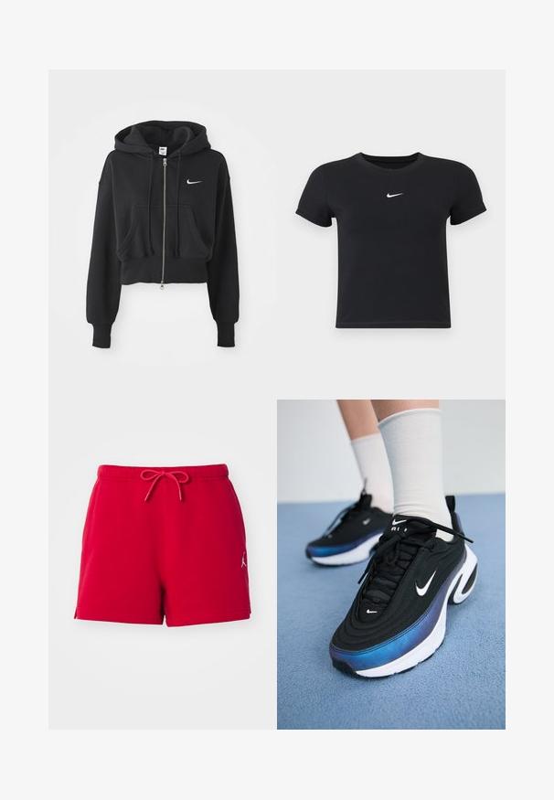 Juoda apkirpta gobtuvė, pagaminta iš medvilnės mišinio, su priekyje užtrauktuku, dviem kišenėmis, raišteliu ant gobtuvo ir balta Nike logo krūtinėje.; Juodas trumpas rankoves marškinėliai, pagaminti iš medvilnės, su apvaliu kaklu. Pasižymi balta Nike logotipu ant krūtinės, minimalistišku dizainu ir prigludusia forma.; Raudoni medvilniniai šortai su elastinga juosta ir užtraukiama virvele. Savybė - logotipo akcentas apatinėje kairėje pusėje ir šoninės skeltos, užtikrinančios judrumą.; Juodi Nike sportbačiai su glotna audinio viršutine dalimi, turintys gradientinį mėlynos ir juodos spalvos dizainą, baltą pado dalį ir akcentuotus logotipus.