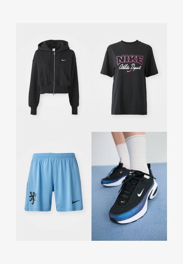 Izgriezts melns kapuci krekls, izgatavots no kokvilnas maisījuma, ar priekšējo rāvējslēdzēju, divām kabatām, kapuces stringu un Nike logo baltā krāsā uz krūtīm.; Melnas kokvilnas T-krekls ar rozā un baltu grafisko printu, kurā ir teksts "TIKAI DARĪT", "NIKE" un "Sporta nodaļa". Standarta piegriezums.; Gaiši zili sporta šorti, kas izgatavoti no elpojoša auduma, ar melnu lauva emblēmu uz kreisā kājas un melnu Nike logo labajā pusē.; Melnie Nike sporta apavi ar gludu auduma virsmu, argradienta zilu uz melnu dizainu, balta zole un izteiksmīgi logotipa akcenti.
