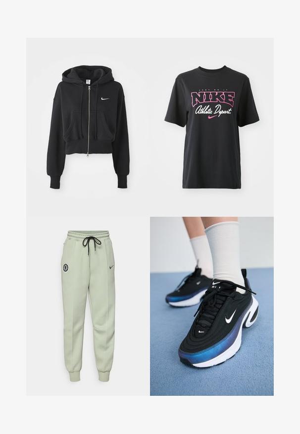 Korthvid sweatshirt i sort af bomuldsblanding, med frontlynlås, to lommer, hætte med snøre og et hvidt Nike-logo på brystet.; Sort bomulds T-shirt med grafisk print i pink og hvid med teksten "JUST DO IT," "NIKE," og "Athletic Depart." Standard pasform.; Lysgrønne Nike træningsbukser med elastisk talje, snøre, sidelommer og et Chelsea FC-logo på venstre lår.; Sorte Nike sneakers med en glat stofoverdel, der har et gradientblåt til sort design, hvid sål og markante logo detaljer.