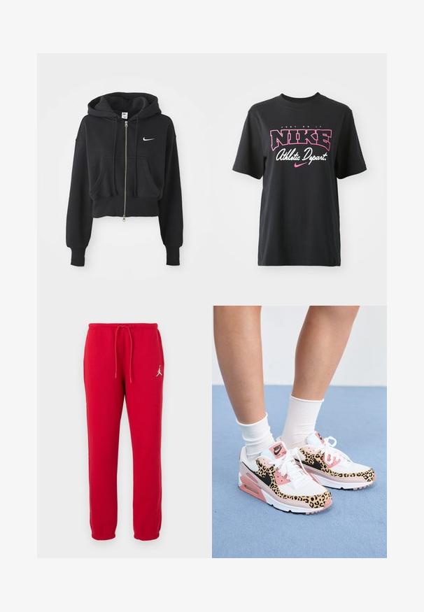 Sudadera negra recortada hecha de una mezcla de algodón, con cremallera frontal, dos bolsillos, capucha ajustable y un logo de Nike en blanco en el pecho.; Camiseta de algodón negra con un estampado gráfico en rosa y blanco que incluye el texto "JUST DO IT", "NIKE" y "Departamento Deportivo". Corte estándar.; Pantalones de sudadera rojos de algodón con cintura elástica y cordón, puños elásticos y un logo blanco en el muslo izquierdo. Textura suave, corte regular.; Las zapatillas Nike Air Max presentan una combinación de colores en blanco y rosa con acentos de estampado de leopardo, materiales de malla y cuero, y una distintiva suela de goma.