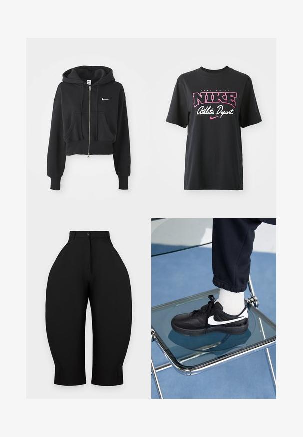 Gekürzter schwarzer Hoodie aus Baumwollmischung, mit einem Frontreißverschluss, zwei Taschen, Kapuze mit Kordelzug und einem weißen Nike-Logo auf der Brust.; Schwarzes Baumwoll-T-Shirt mit einem grafischen Druck in Pink und Weiß, mit dem Text "JUST DO IT", "NIKE" und "Athletic Depart." Standardpassform.; Schwarze Hosen mit einem hoch geschnittenen Design und weiten, zulaufenden Beinen. Hergestellt aus glattem Stoff, mit einem Knopfverschluss und ohne sichtbare Taschen.; Schwarze Nike-Sneaker mit weißen Akzenten, die über eine glatte Ledertextur, ein Schnürdesign und eine abgerundete Zehenform verfügen, platziert auf einem Glasstuhl.