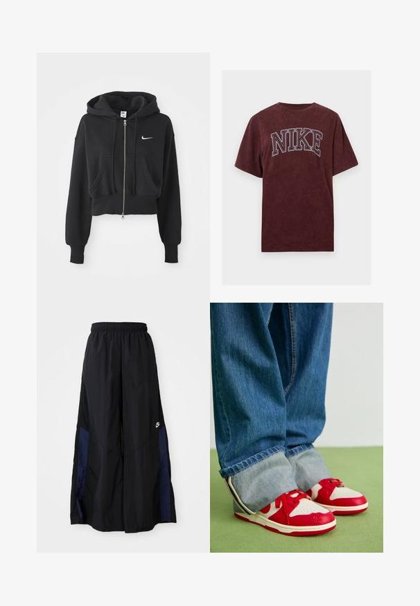 Moletom preto cortado feito de uma mistura de algodão, com fecho à frente, dois bolsos, capuz com cordão e um logo da Nike em branco no peito.; T-shirt de algodão borgonha com mangas curtas, apresentando um logótipo "NIKE" contornado a branco no peito. Acabamento suave e texturizado.; Calças largas pretas feitas de tecido leve, com um painel lateral azul-marinho e cintura elástica. Pequeno logótipo branco na parte inferior.; Sapatos ténis vermelhos e brancos com uma superfície texturada, biqueira redonda e design com atacadores. Combinados com jeans de ganga curtos. Fundo verde.