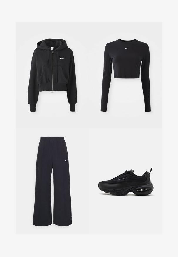 Kuttet svart hettegenser laget av bomullsblanding, med frontglidelås, to lommer, snorhette og et hvitt Nike-logo på brystet.; Svart langermet cropped topp laget av glatt stoff, med rund hals og en hvit Nike-logo på brystet.; Svarte vide bukser med elastisk linning og en liten hvit Nike-logo. Stoffet har en glatt tekstur, designet for komfort og uformell bruk.; Svart atletisk sko med en jevn, teksturert overdel. Har rund tå, polstret krage og synlig luftputefor i sålen.
