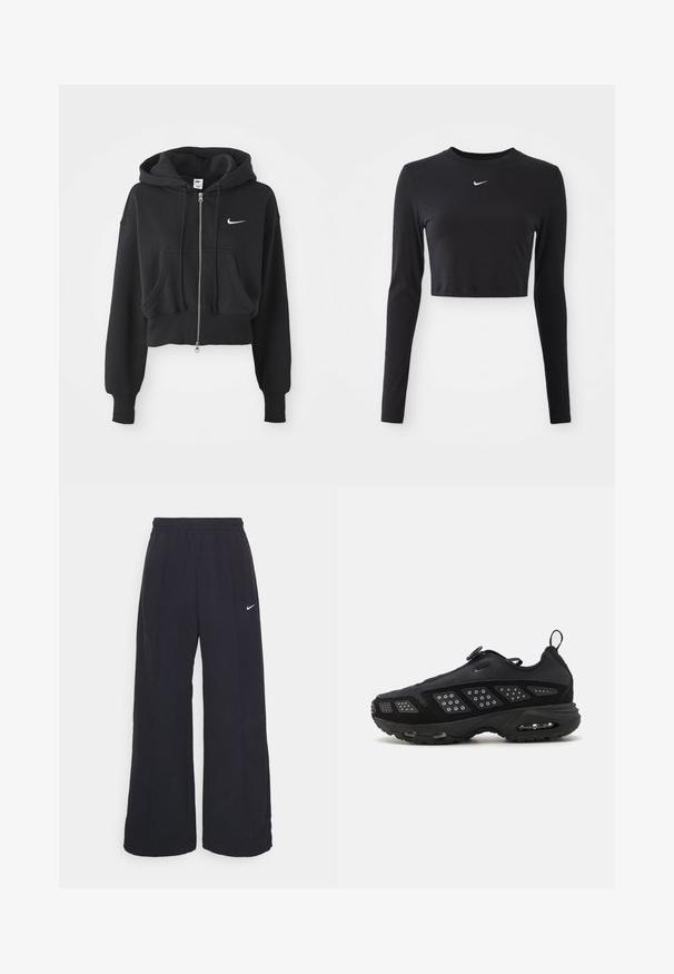 Przycięta czarna bluza z kapturem wykonana z mieszanki bawełny, z przednim zamkiem, dwoma kieszeniami, kapturem ze sznurkiem oraz białym logo Nike na piersi.; Czarny, długi rękaw, krótki top z gładkiego materiału, z okrągłym dekoltem i białym logo Nike na piersi.; Czarne spodnie typu wide-leg z elastycznym pasem i małym białym logo Nike. Materiał ma gładką teksturę, zaprojektowany z myślą o komforcie i codziennym noszeniu.; Czarne buty sportowe z amortyzowaną podeszwą, siateczkową cholewką i teksturowanymi akcentami. Zawierają pętelkę i okrągły zamek na górze.